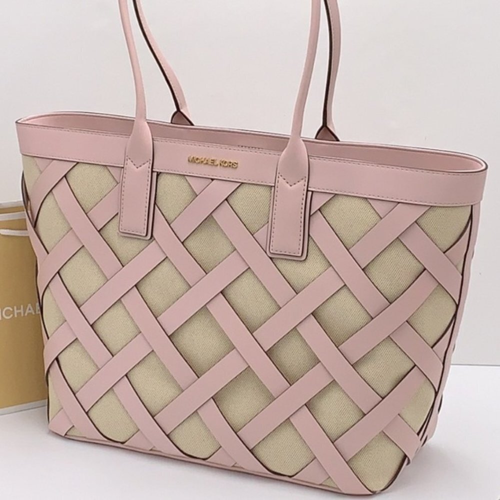 Michael Kors Sienna Large Tote Shoulder Bag Powder Blush Leather Canvas - Picture 4 of 16